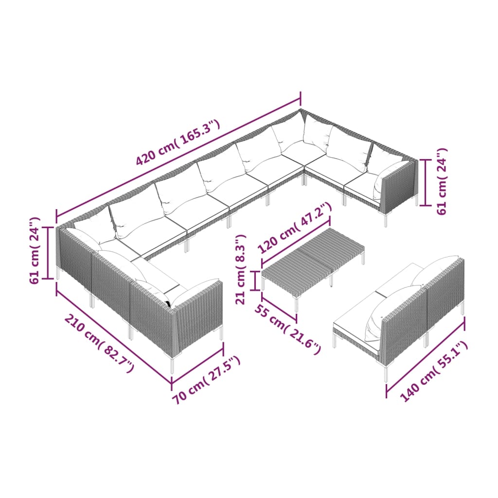 13 Piece Garden Lounge Set with Cushions Poly Rattan Dark Grey