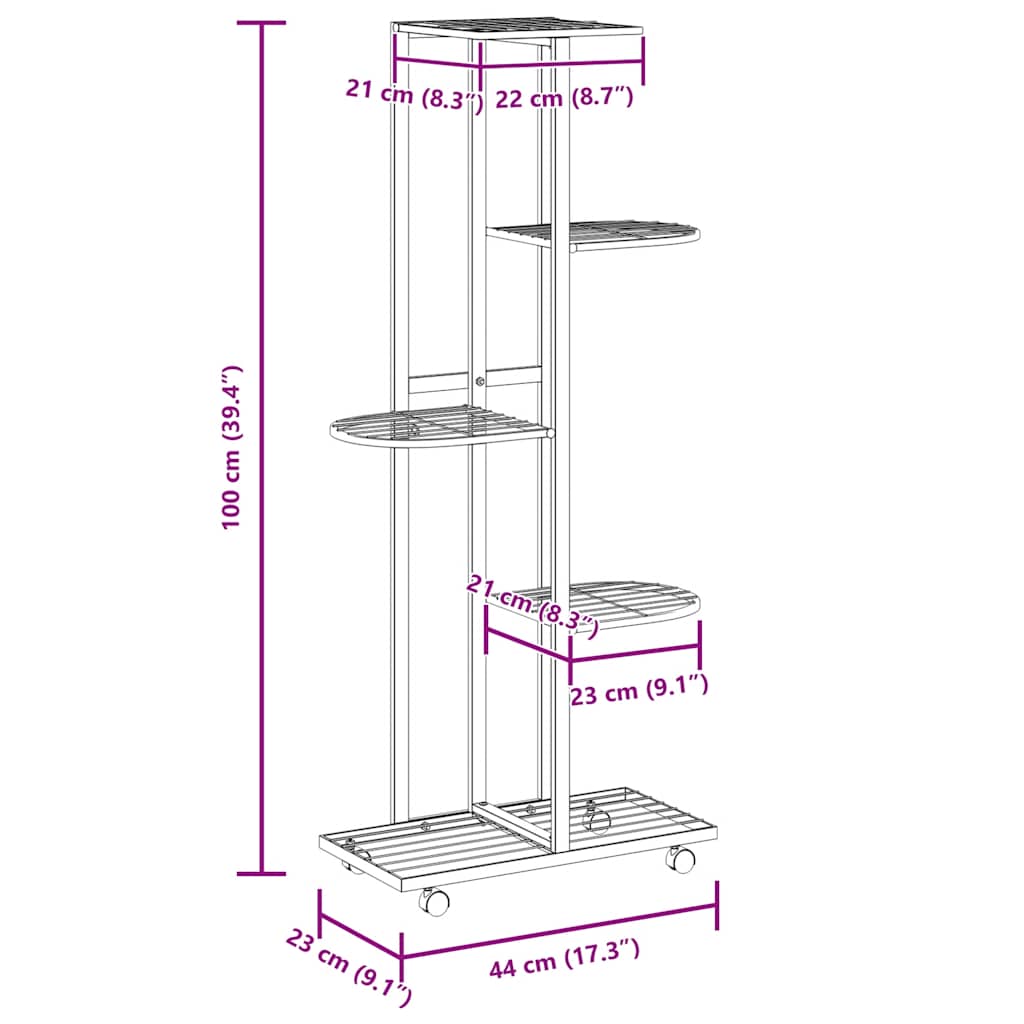 5-Floor Flower Stand with Wheels 44x23x100 cm Black Iron