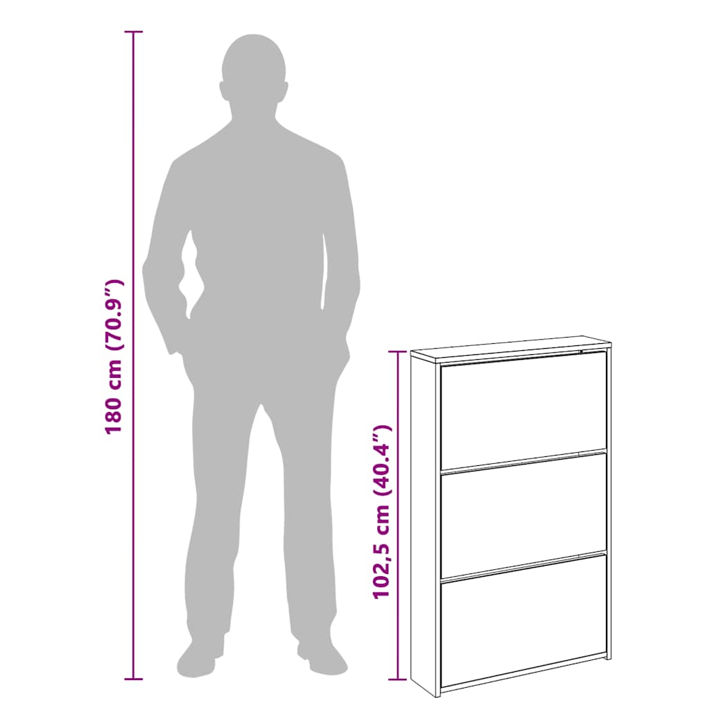 Shoe Cabinet with Mirror 3-Layer Black 63x17x102.5 cm