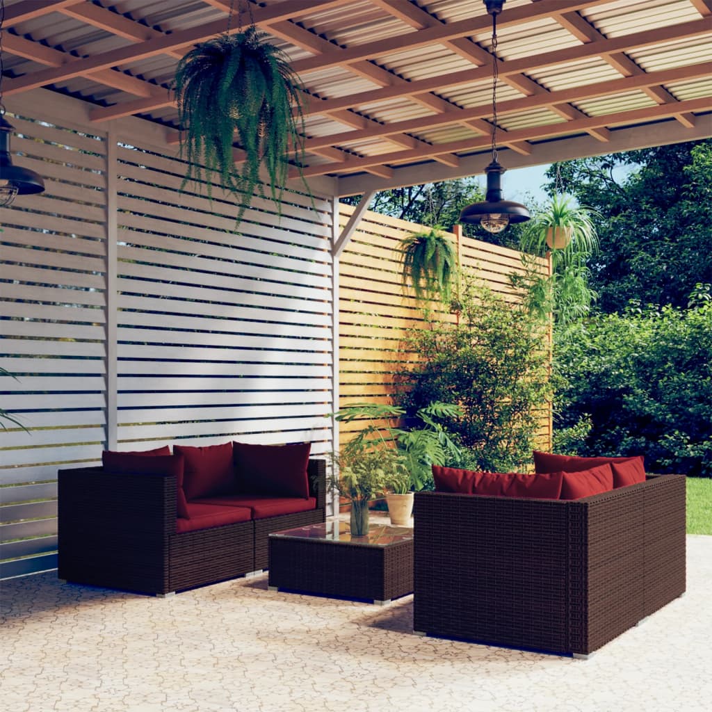 5 Piece Garden Lounge Set with Cushions Poly Rattan Brown