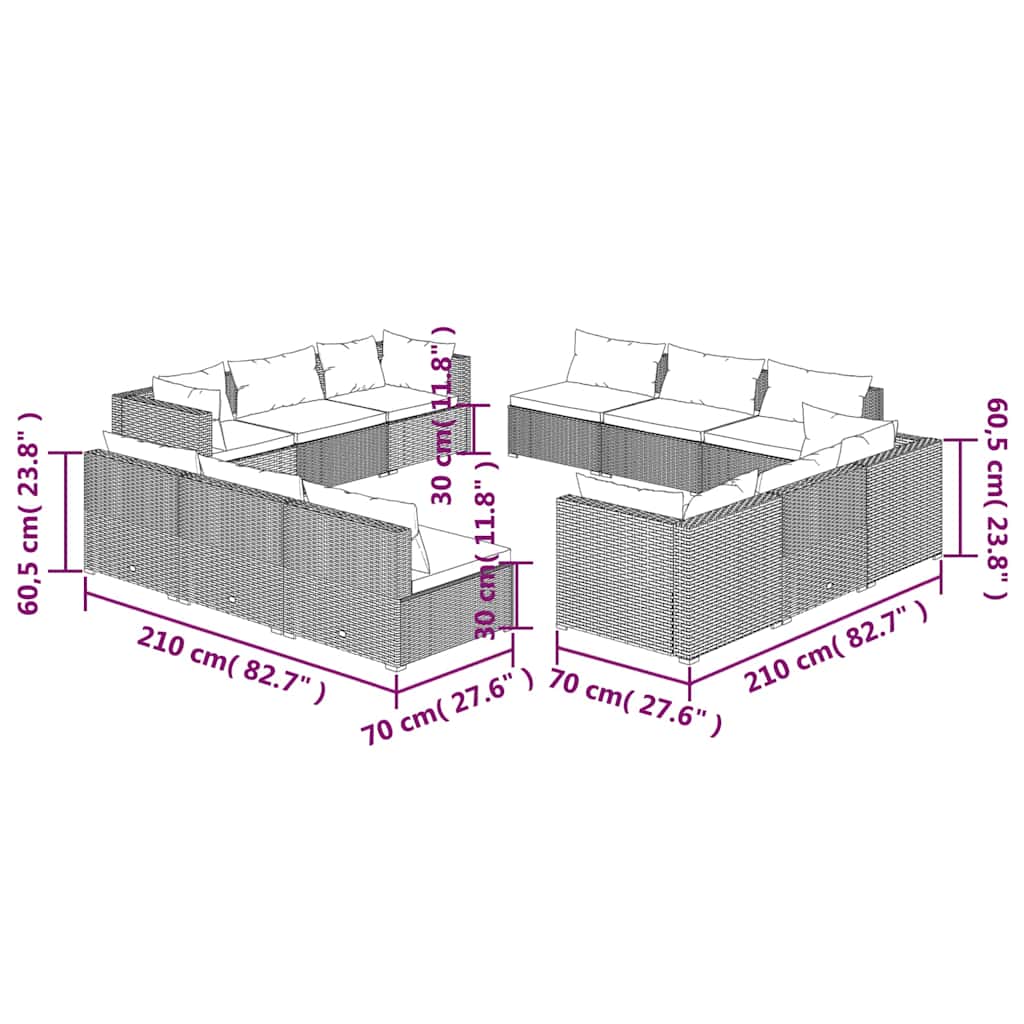 12 Piece Garden Lounge Set with Cushions Poly Rattan Brown