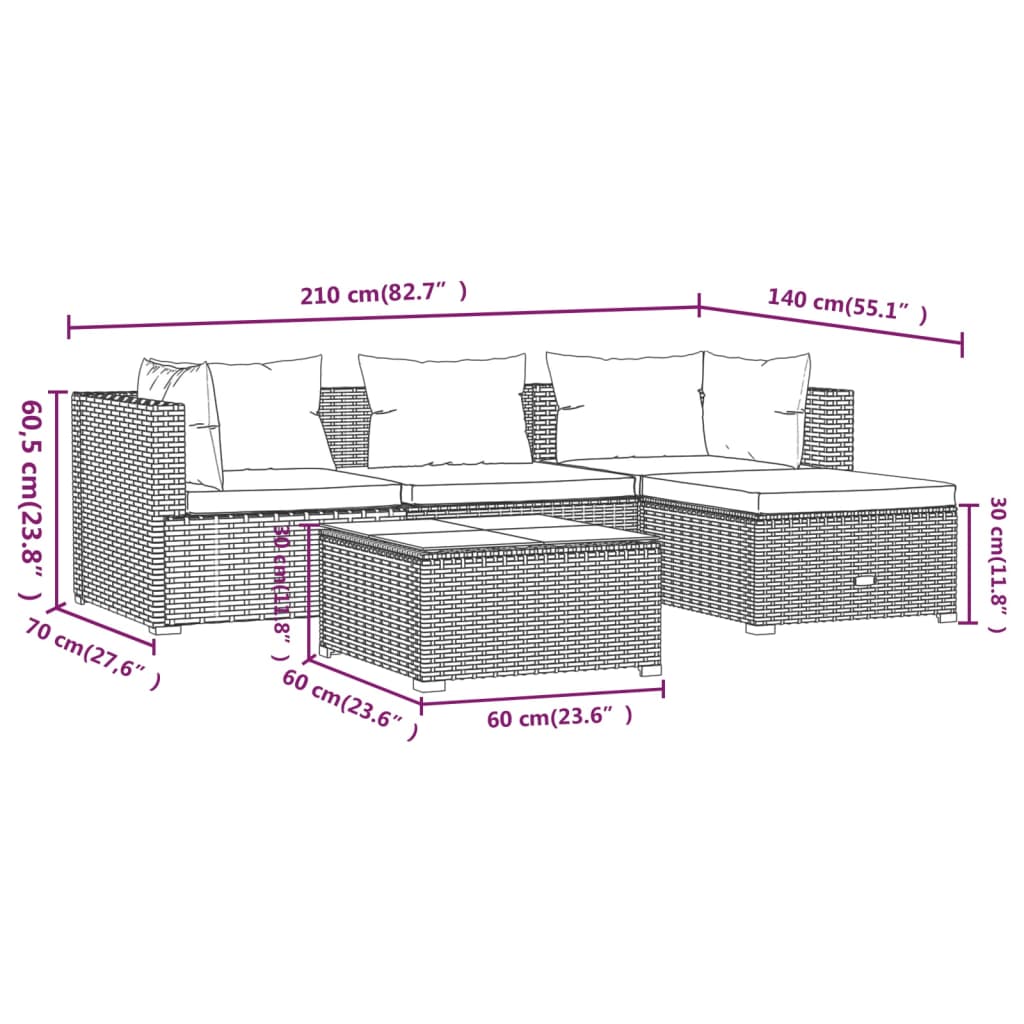 5 Piece Garden Lounge Set with Cushions Poly Rattan Grey