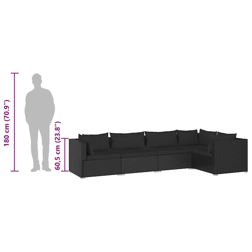 5 Piece Garden Lounge Set with Cushions Poly Rattan Black