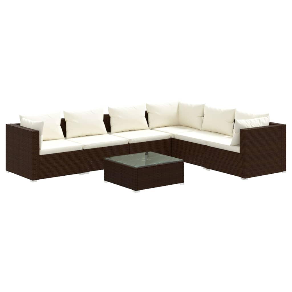 7 Piece Garden Lounge Set with Cushions Poly Rattan Brown