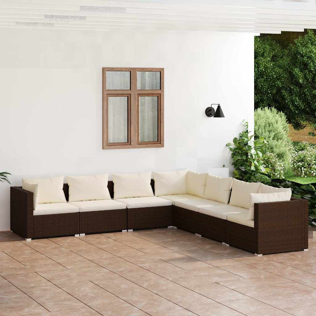 7 Piece Garden Lounge Set with Cushions Poly Rattan Brown