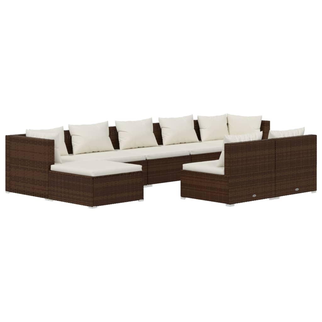 9 Piece Garden Lounge Set with Cushions Brown Poly Rattan