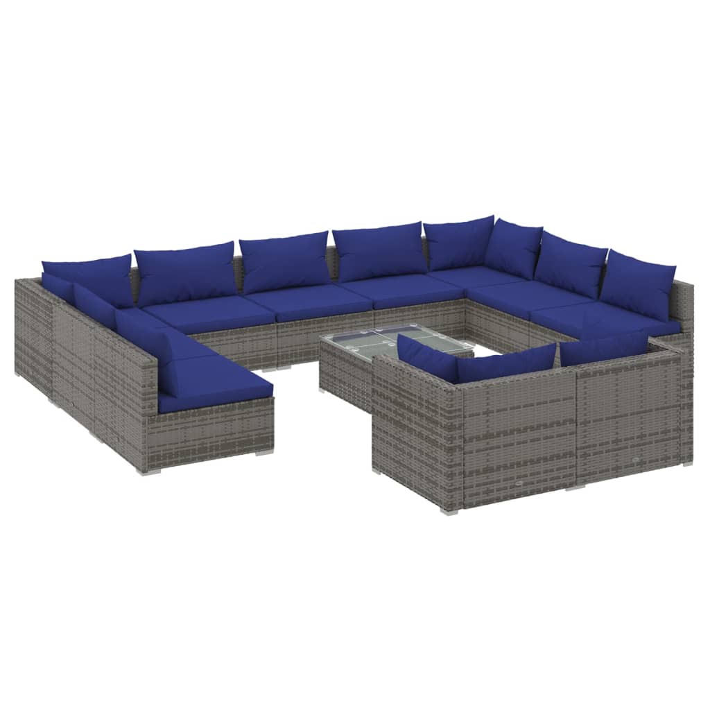 12 Piece Garden Lounge Set with Cushions Grey Poly Rattan