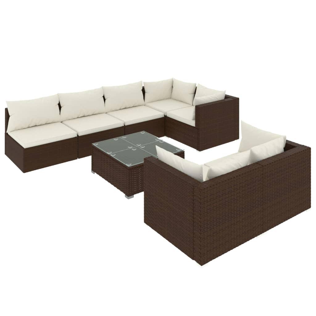 8 Piece Garden Lounge Set with Cushions Brown Poly Rattan