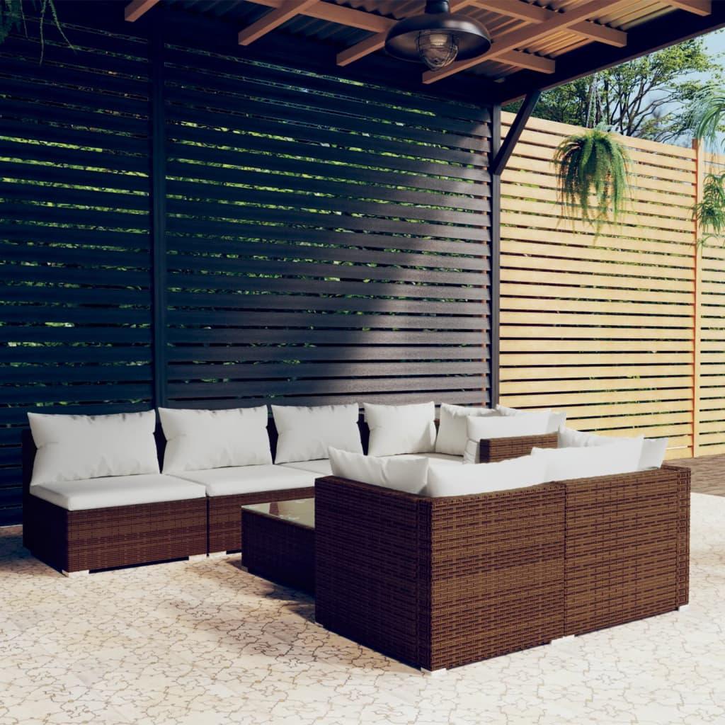 8 Piece Garden Lounge Set with Cushions Brown Poly Rattan