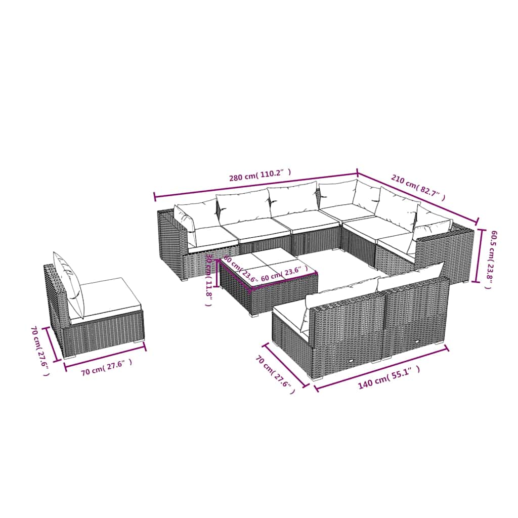 10 Piece Garden Lounge Set with Cushions Poly Rattan Brown