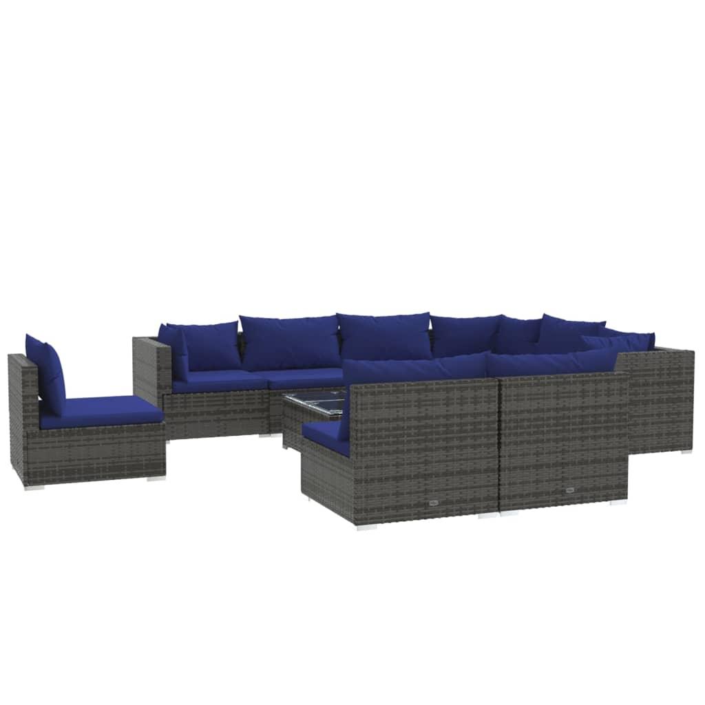 10 Piece Garden Lounge Set with Cushions Poly Rattan Grey
