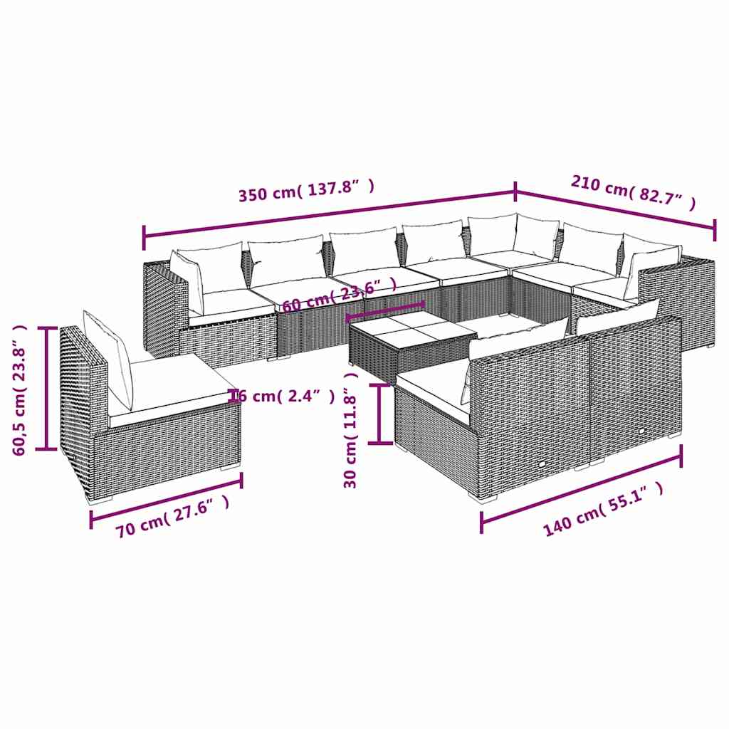 11 Piece Garden Lounge Set with Cushions Poly Rattan Brown