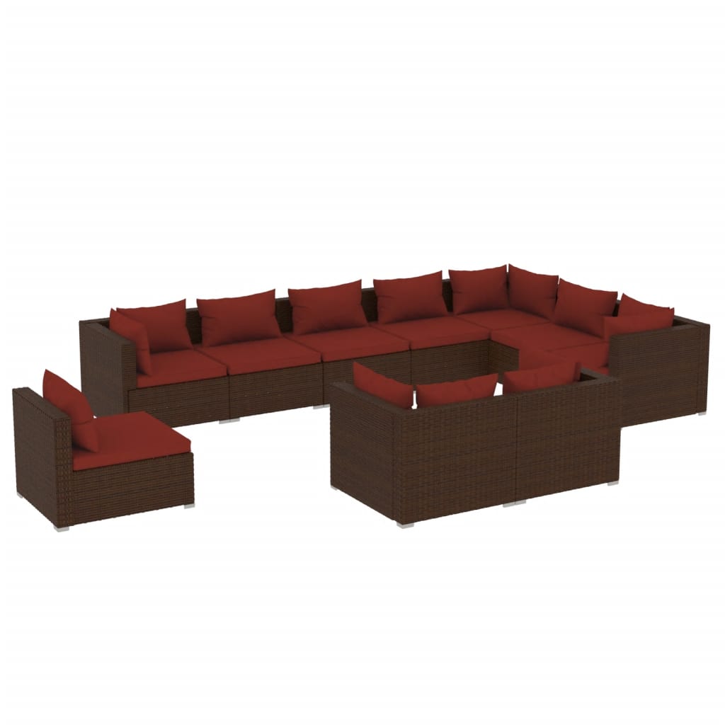 10 Piece Garden Lounge Set with Cushions Poly Rattan Brown