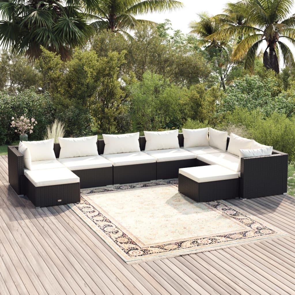 9 Piece Garden Lounge Set with Cushions Poly Rattan Black