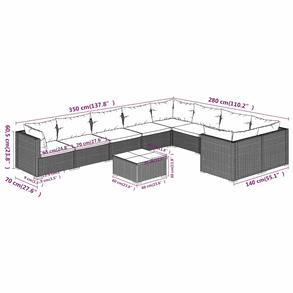 10 Piece Garden Lounge Set with Cushions Poly Rattan Black