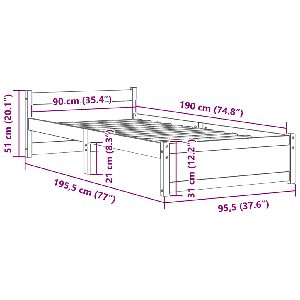 Bed Frame without Mattress White Solid Wood 90x190 cm