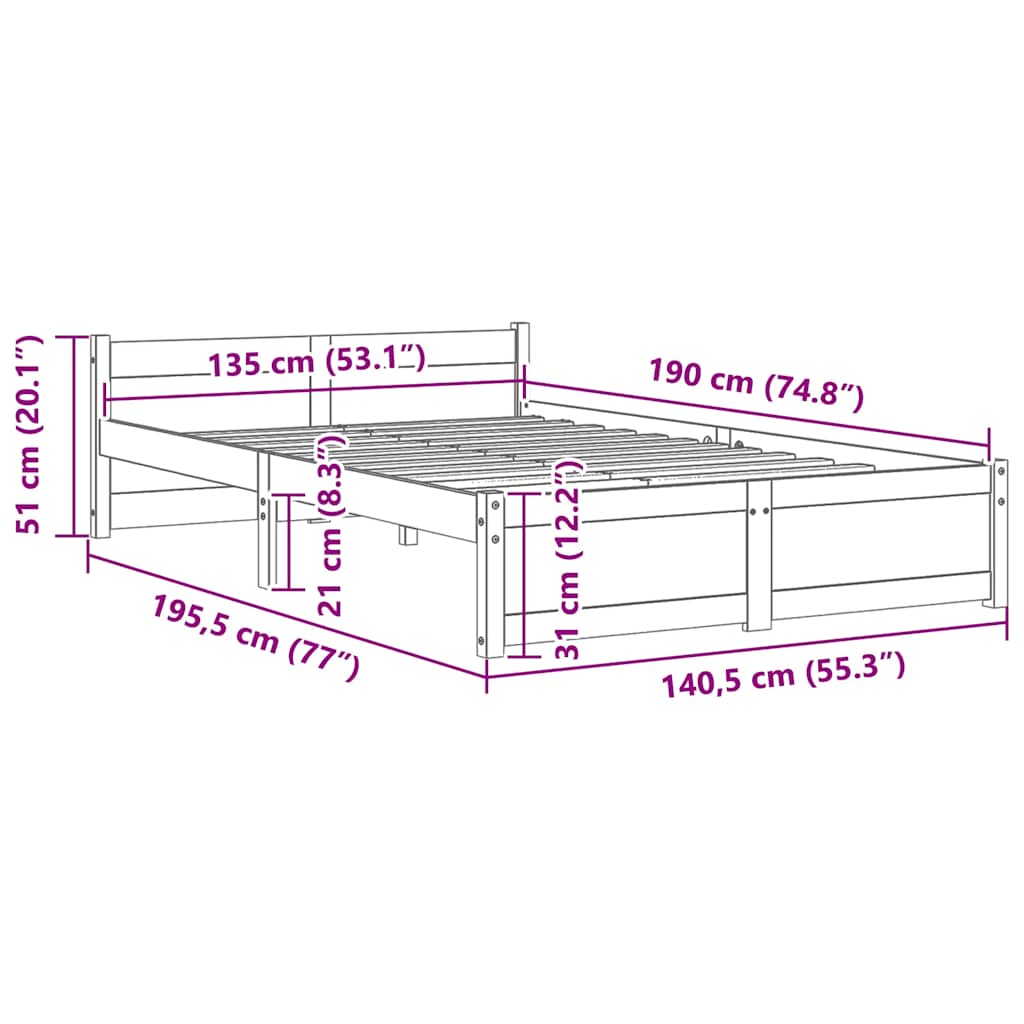 Bed Frame without Mattress Solid Wood 135x190 cm