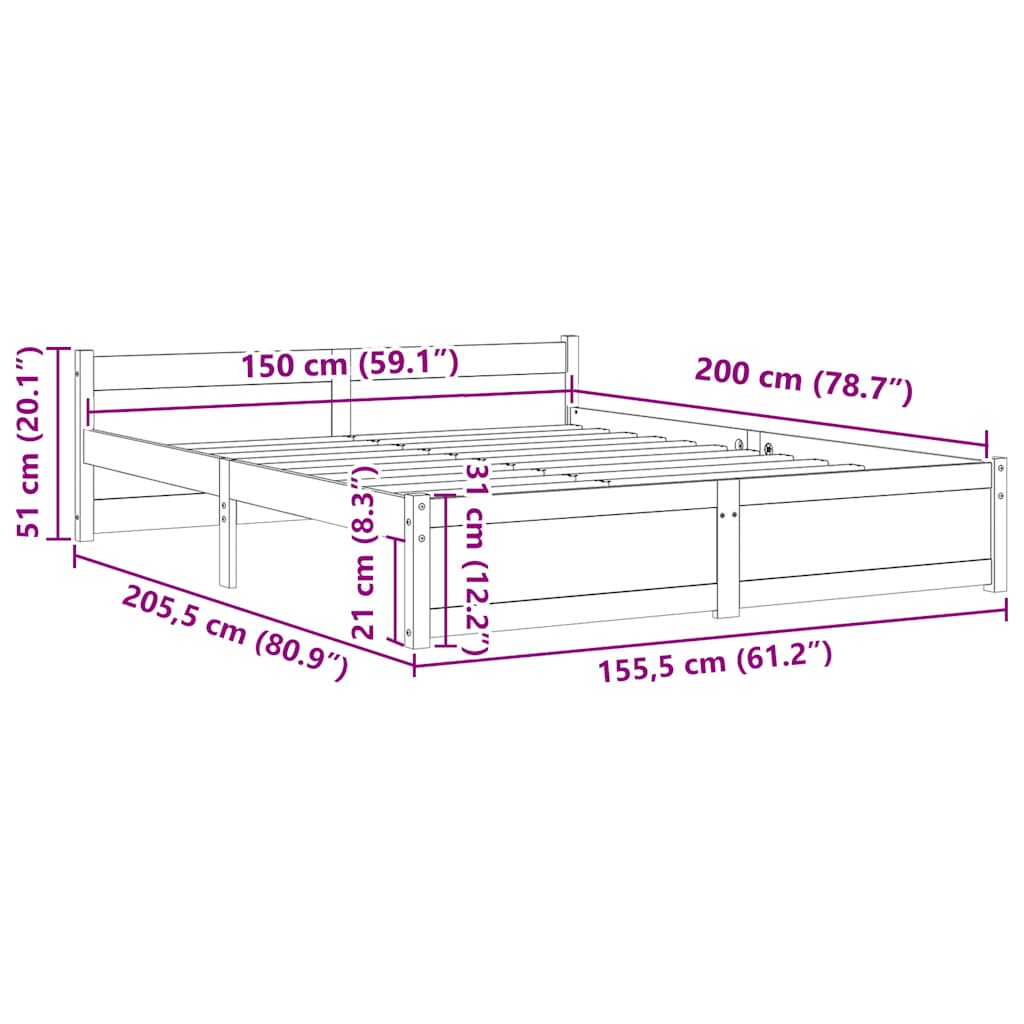 Bed Frame without Mattress Solid Wood 150x200 cm