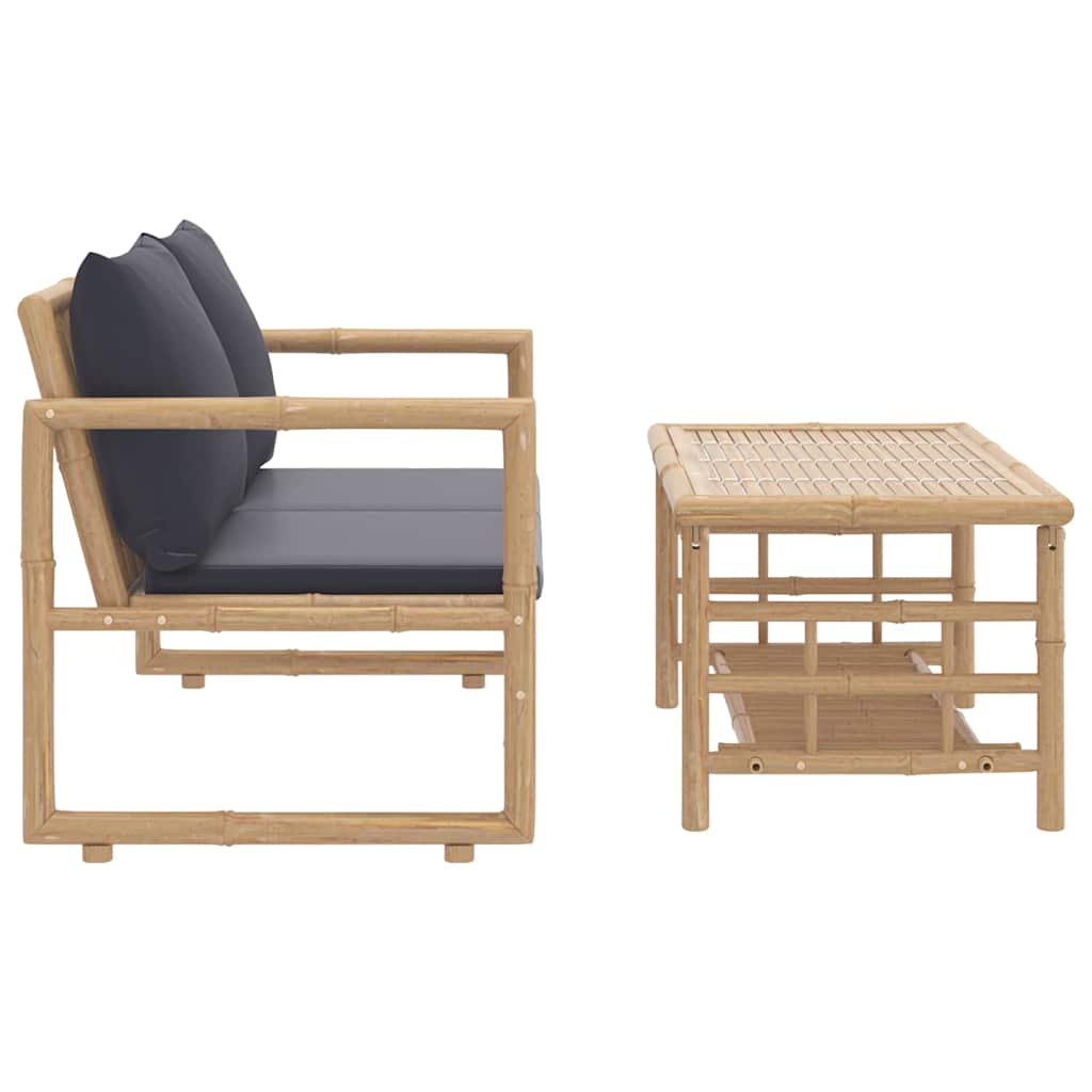 2 Piece Garden Lounge Set with Dark Grey Cushions Bamboo