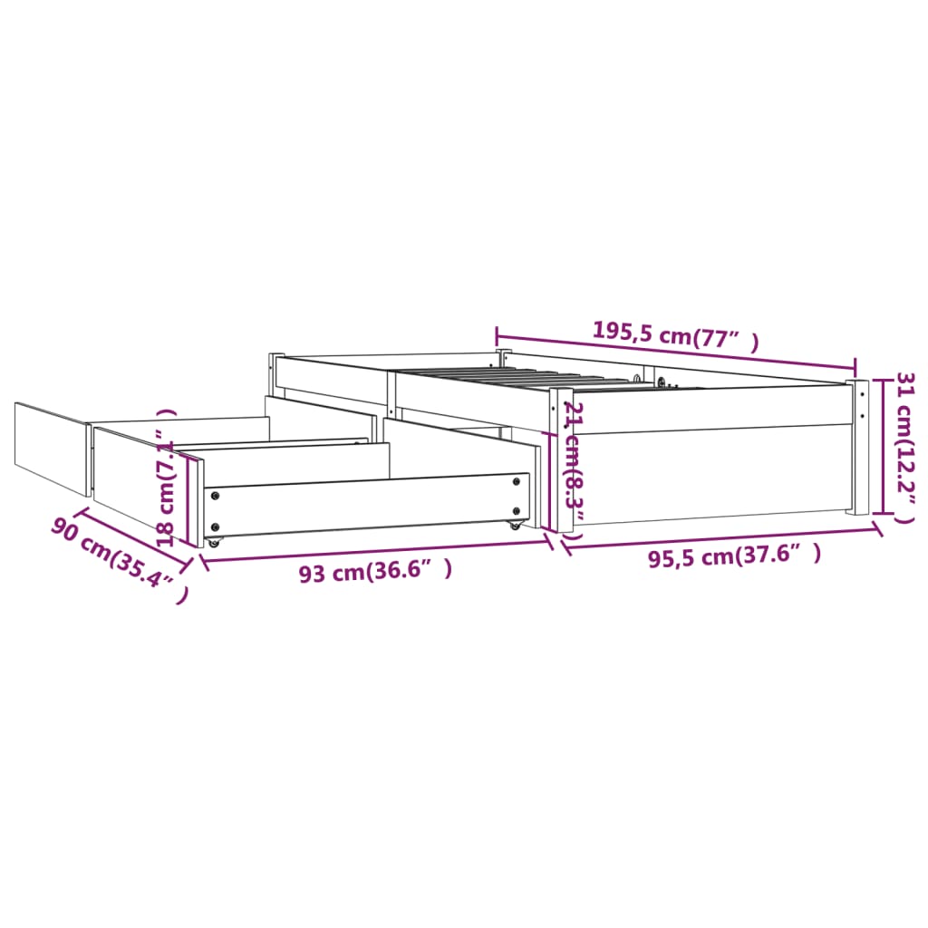 Bed Frame without Mattress with Drawers Black 90x190 cm
