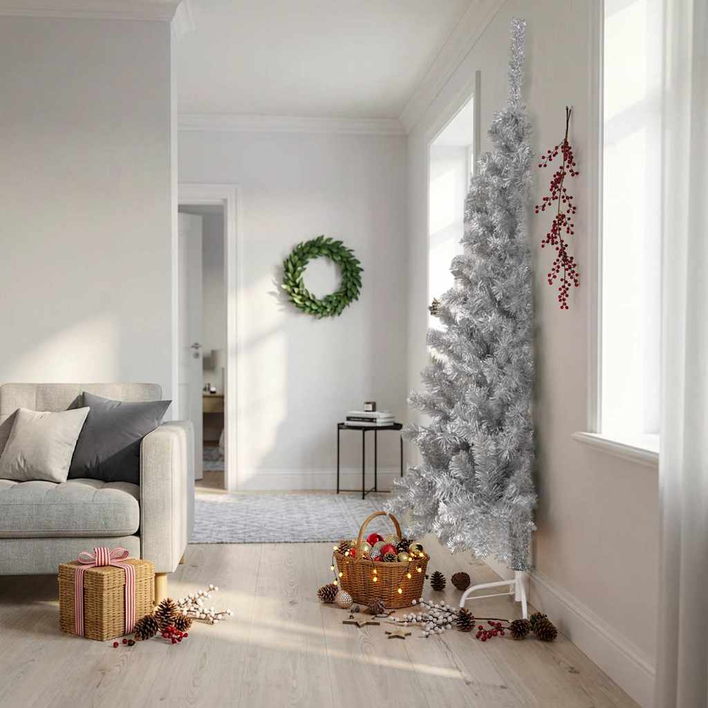 Artificial Half Christmas Tree with Stand Silver 210 cm PET