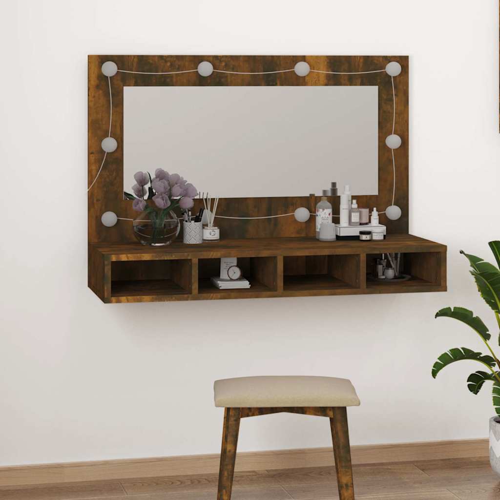 Mirror Cabinet with LED Smoked Oak 90x31.5x62 cm