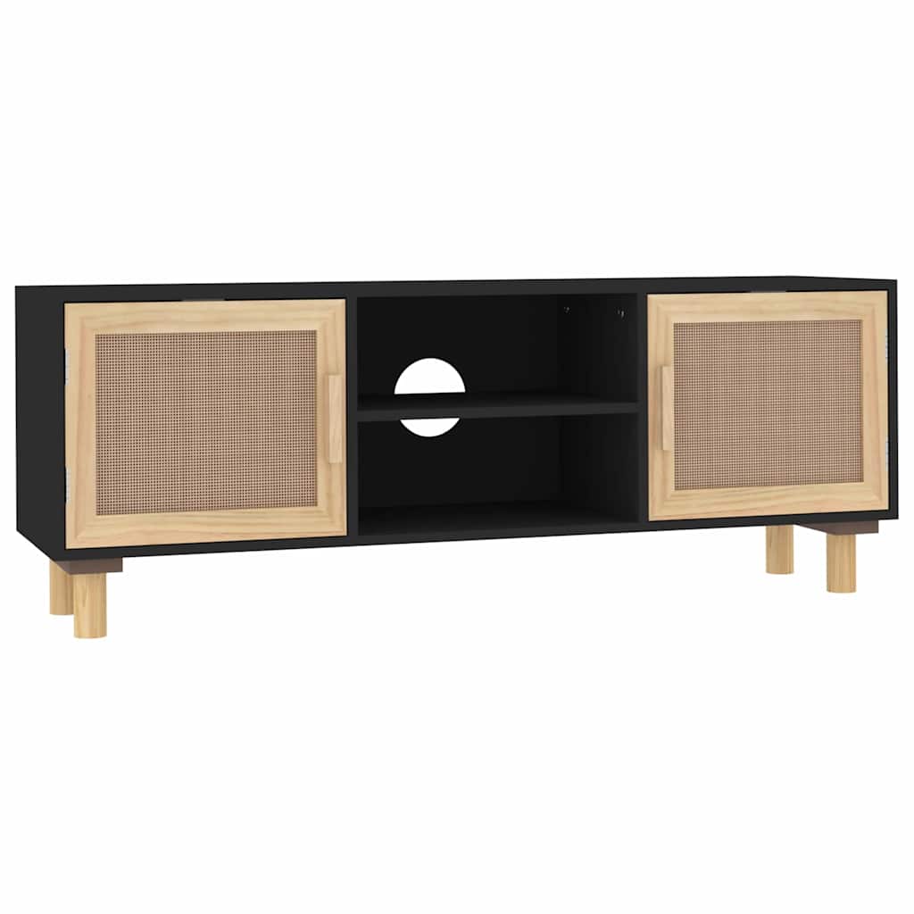 TV Cabinet Black 105x30x40 cm Solid Wood Pine&Natural Rattan