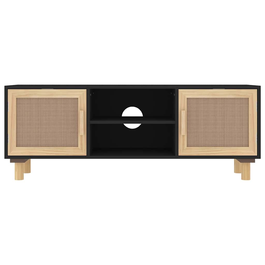 TV Cabinet Black 105x30x40 cm Solid Wood Pine&Natural Rattan