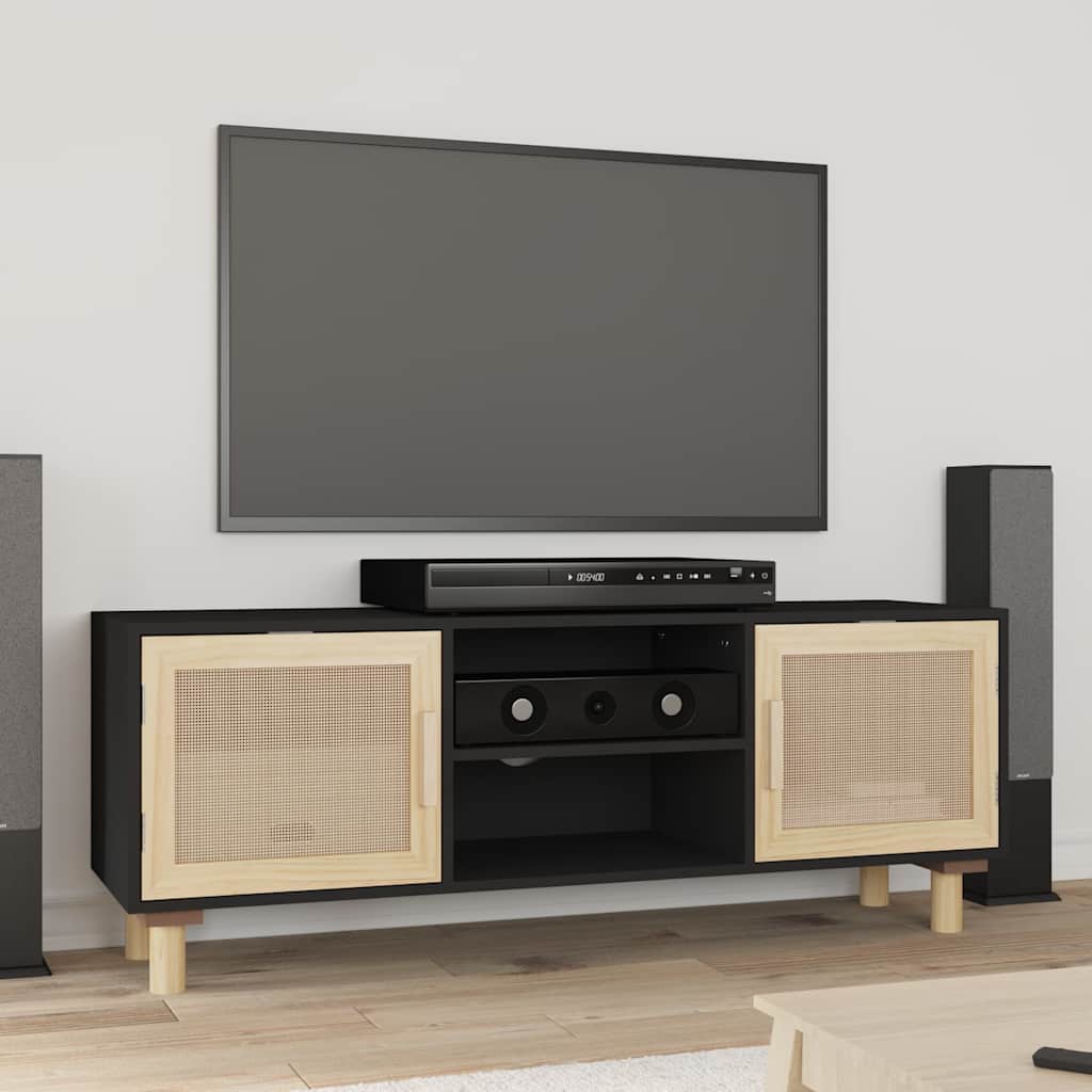 TV Cabinet Black 105x30x40 cm Solid Wood Pine&Natural Rattan