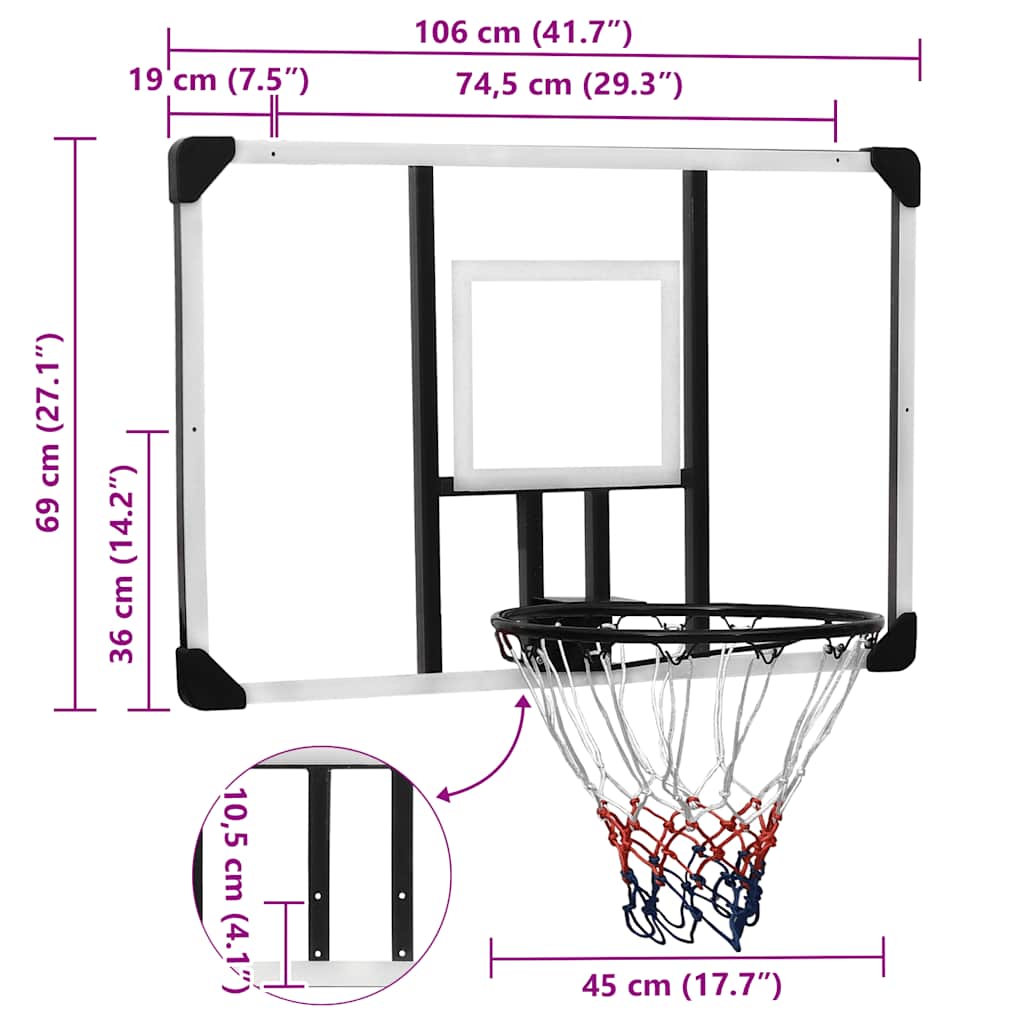 Basketball Backboard Transparent 106x69x3 cm Polycarbonate