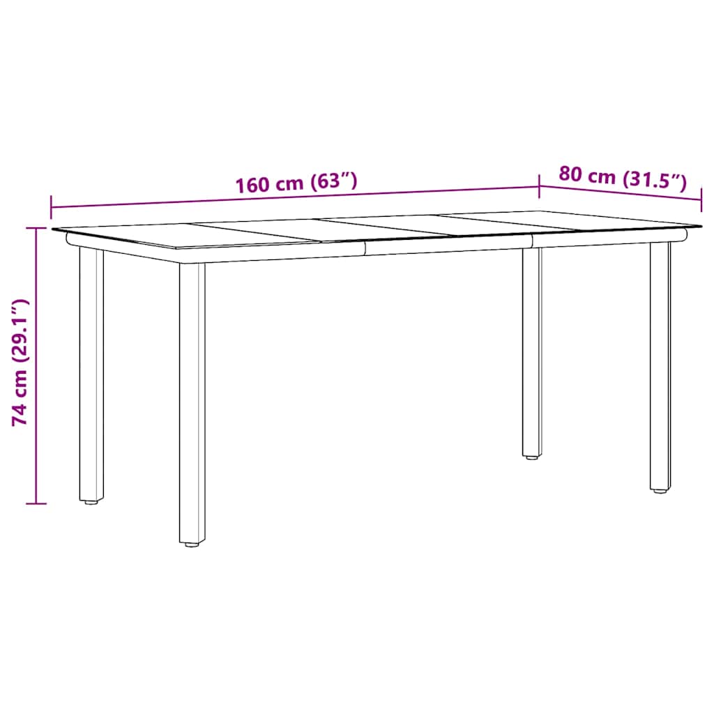 Garden Dining Table Black 160x80x74cm Steel and Tempered Glass