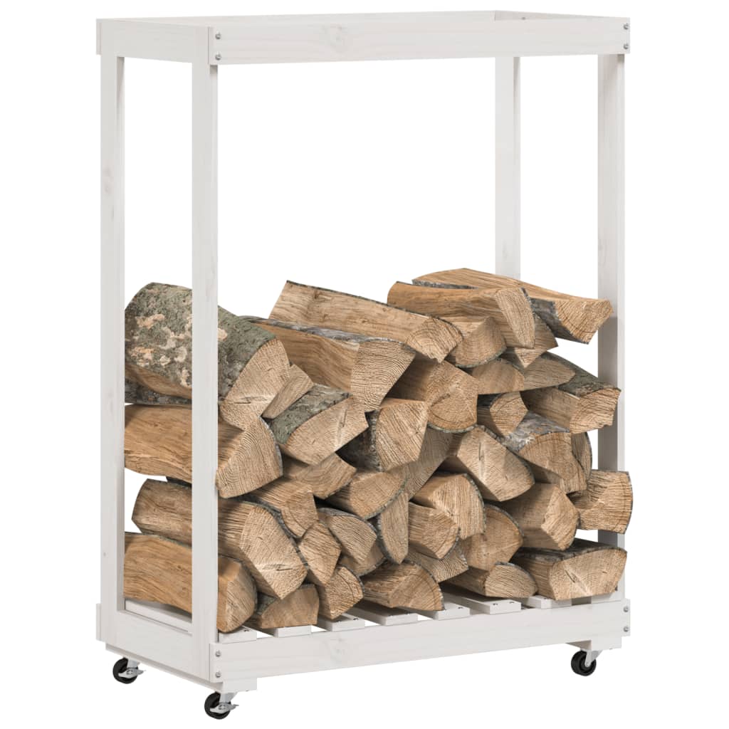 Log Holder with Wheels White 76.5x40x108 cm Solid Wood Pine