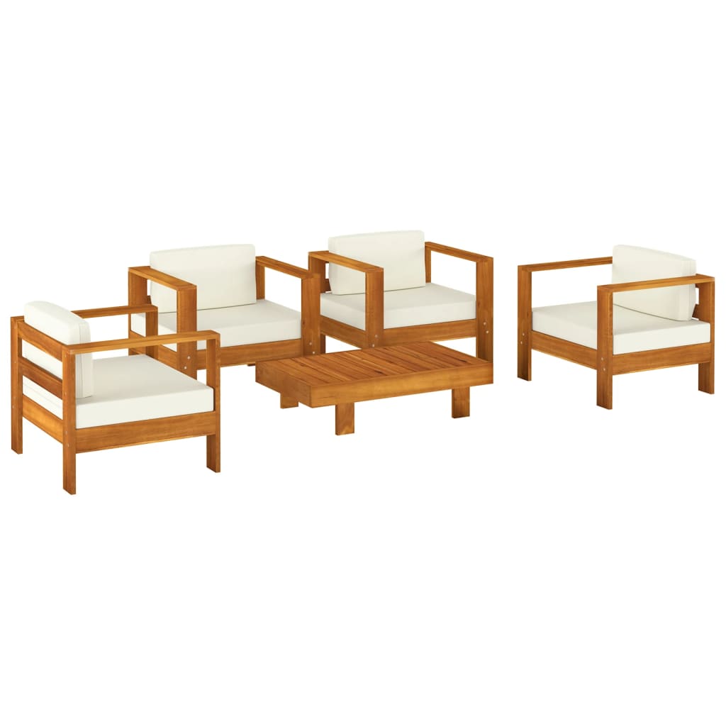 5 Piece Garden Lounge Set with Cream White Cushions Solid Wood
