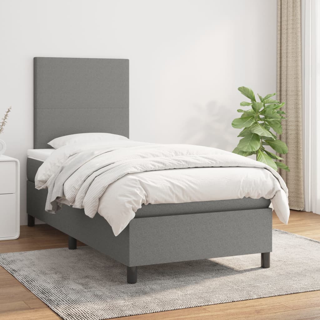 Box Spring Bed with Mattress Dark Grey 107x203 cm King Single Fabric