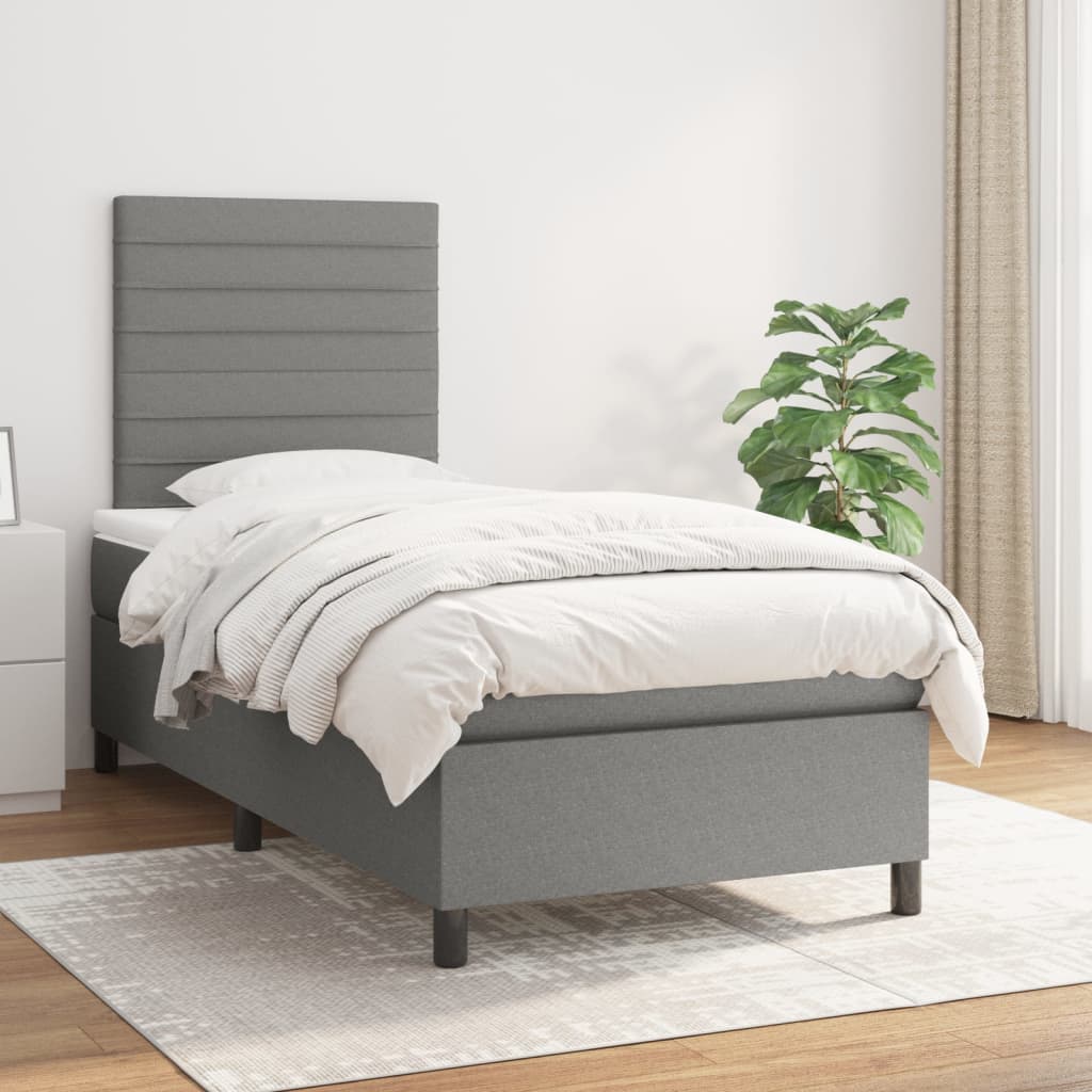 Box Spring Bed with Mattress Dark Grey 107x203 cm King Single Fabric
