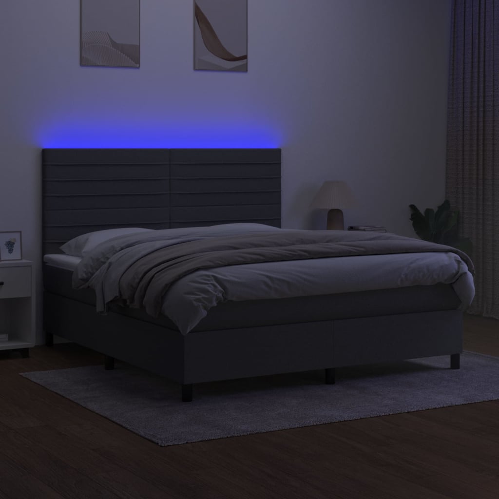 Box Spring Bed with Mattress&LED Dark Grey 152x203 cm Queen Fabric