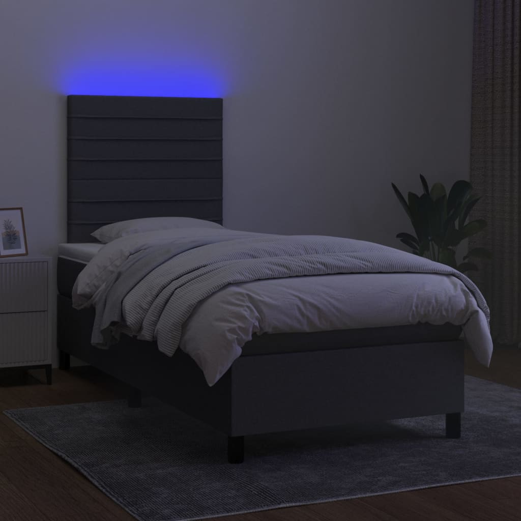 Box Spring Bed with Mattress&LED Dark Grey 106x203 cm King Single Size Fabric