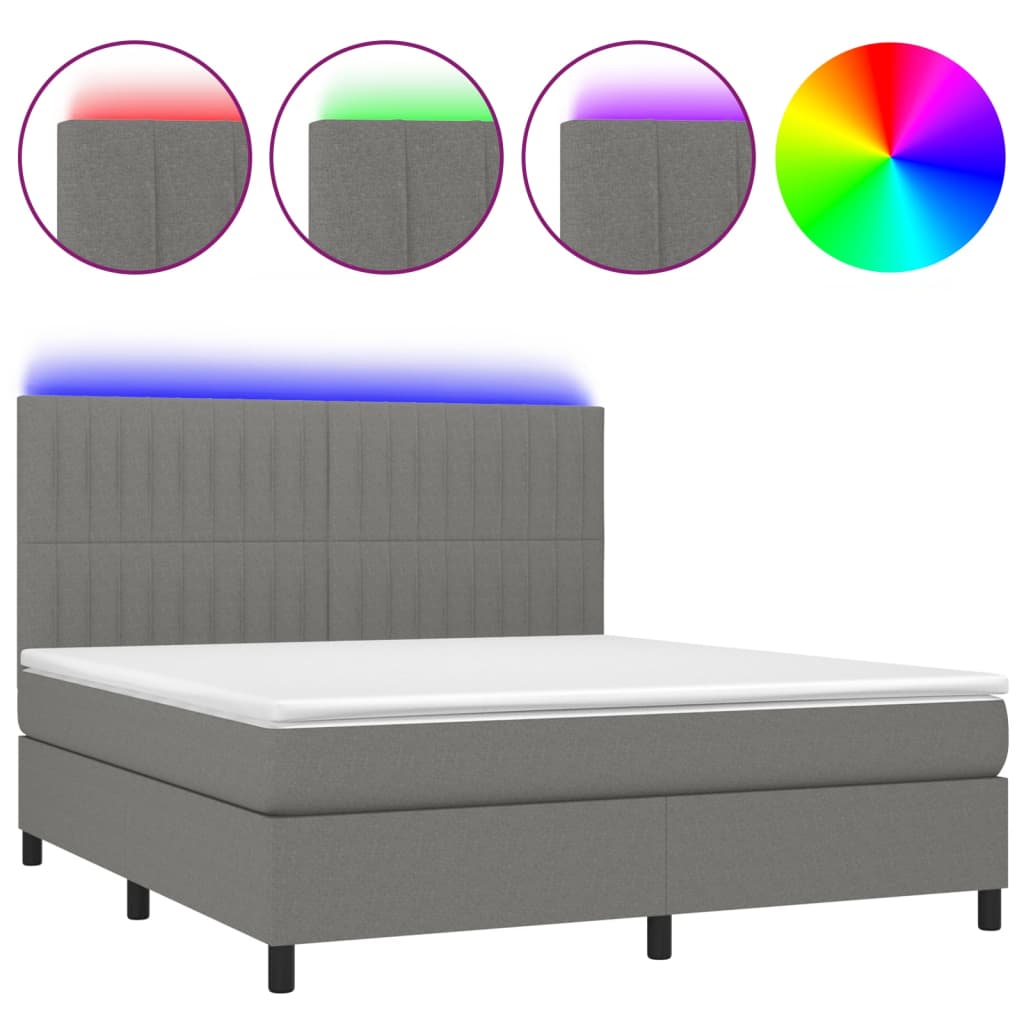 Box Spring Bed with Mattress&LED Dark Grey 152x203 cm Queen Fabric