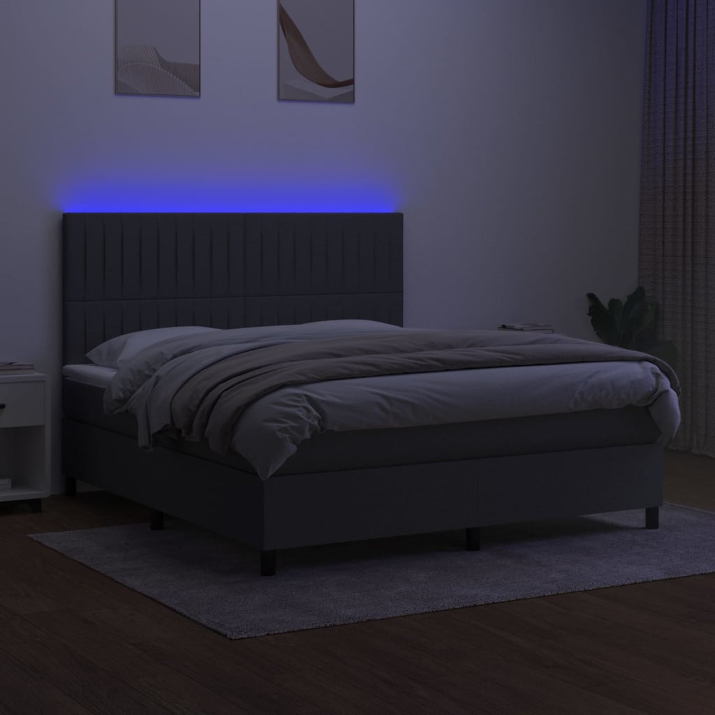 Box Spring Bed with Mattress&LED Dark Grey 152x203 cm Queen Fabric