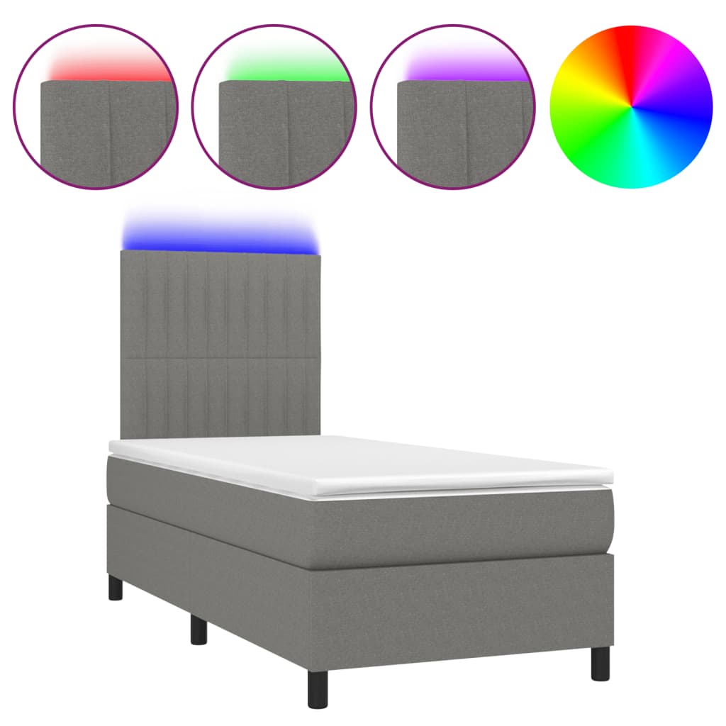 Box Spring Bed with Mattress&LED Dark Grey 107x203 cm King Single Fabric