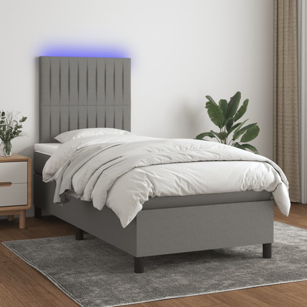 Box Spring Bed with Mattress&LED Dark Grey 107x203 cm King Single Fabric