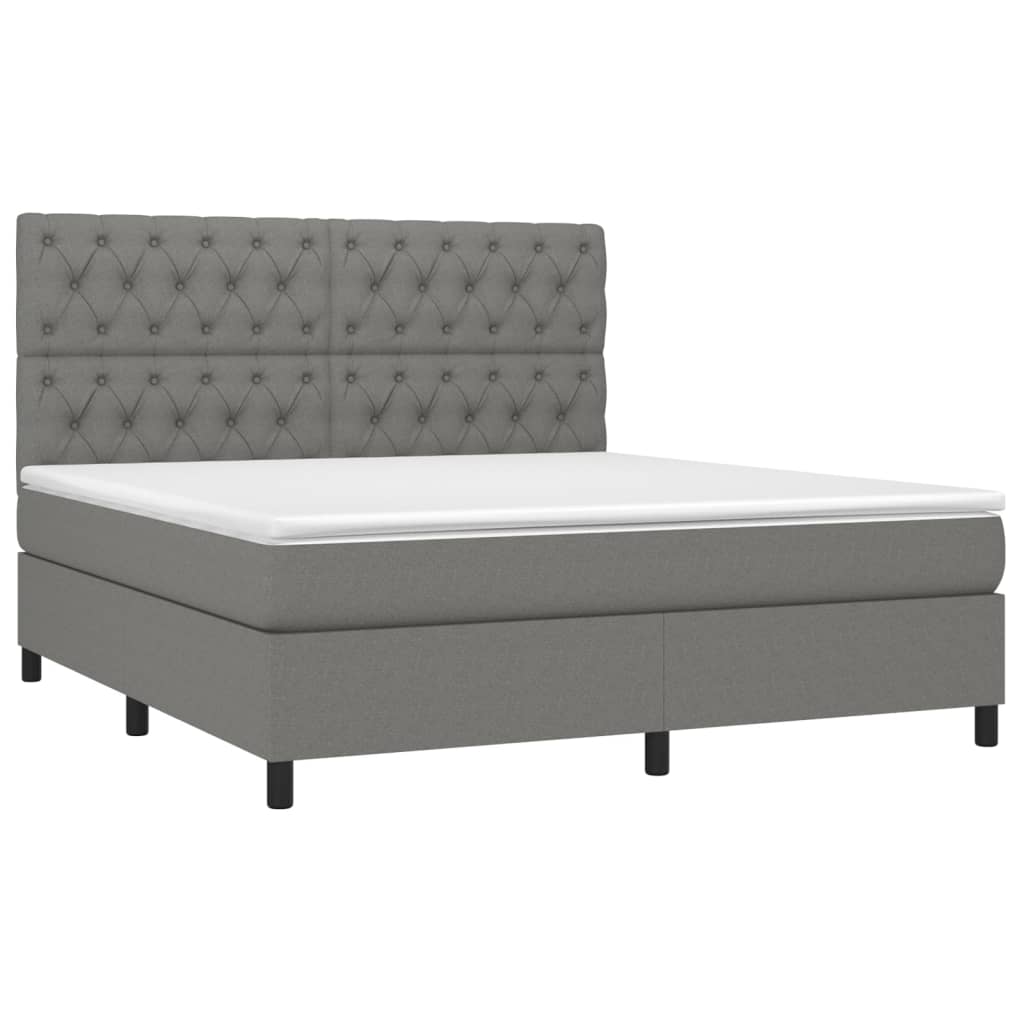 Box Spring Bed with Mattress&LED Dark Grey 152x203 cm Queen Fabric