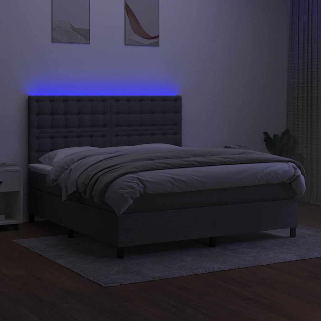 Box Spring Bed with Mattress&LED Dark Grey 152x203 cm Queen Fabric