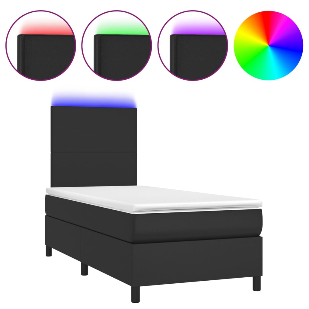 Box Spring Bed with Mattress&LED Black 107x203 cm King Single Faux Leather