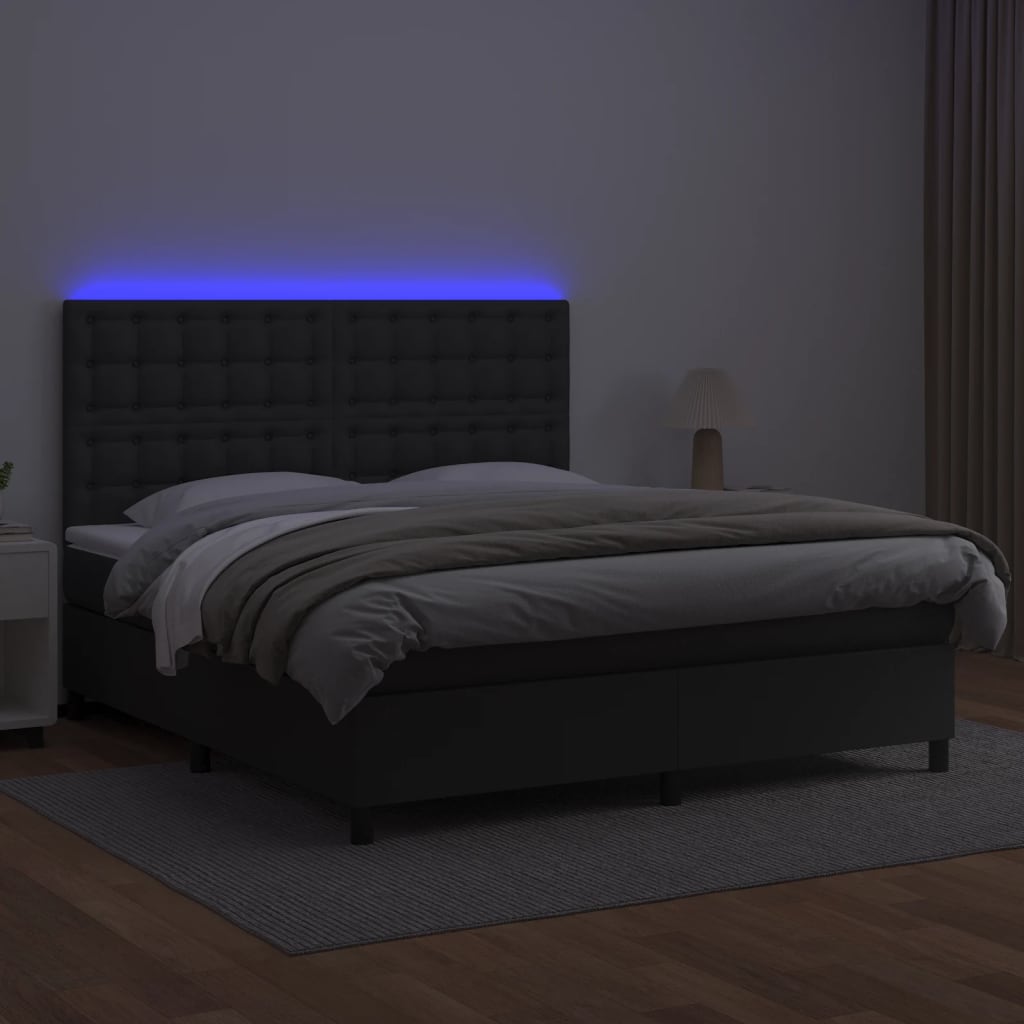 Box Spring Bed with Mattress&LED Black 152x203 cm Queen Faux Leather