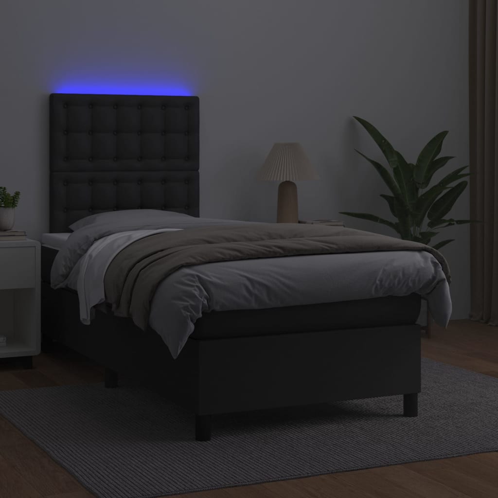 Box Spring Bed with Mattress&LED Black 107x203 cm King Single Faux Leather