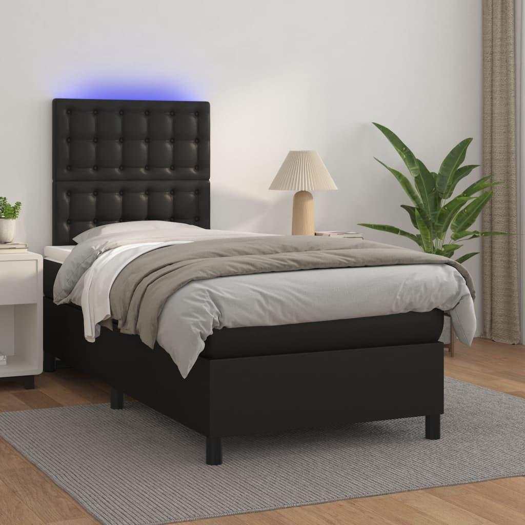 Box Spring Bed with Mattress&LED Black 107x203 cm King Single Faux Leather