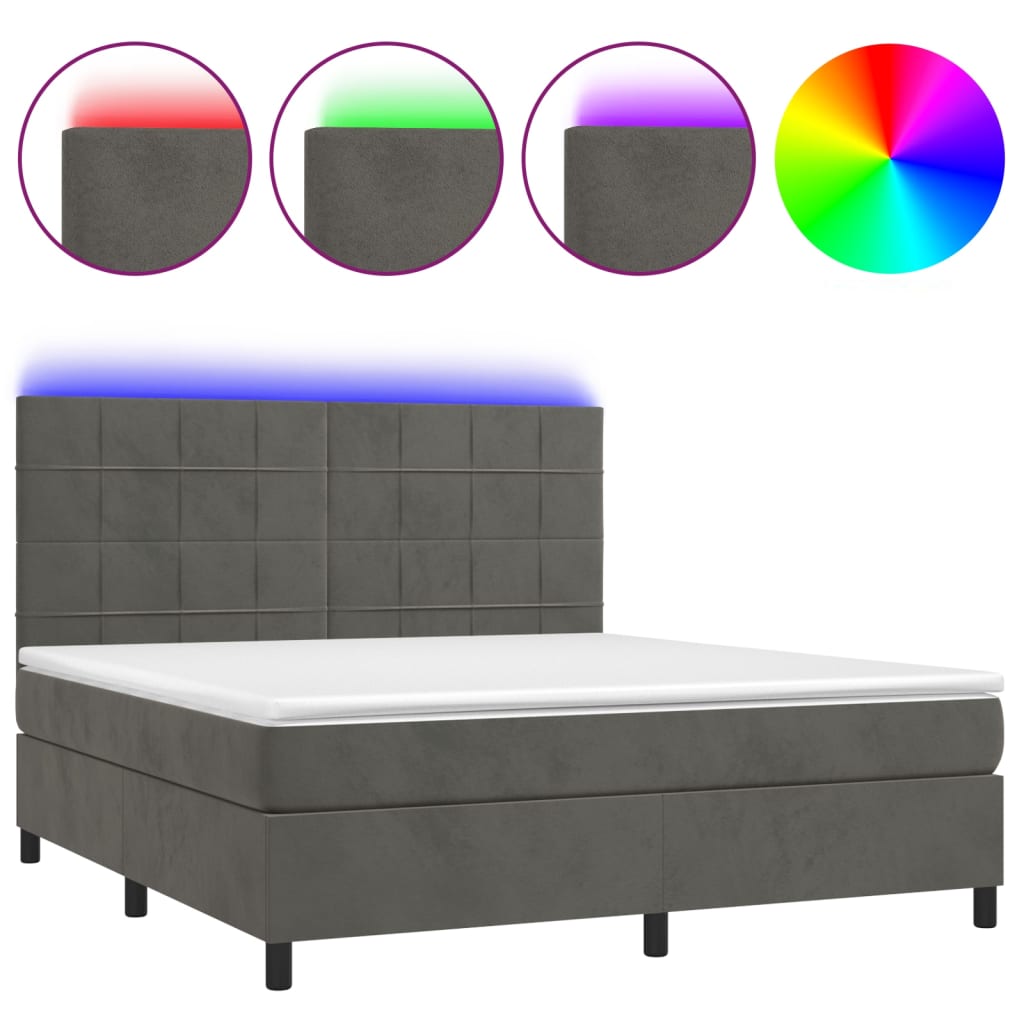 Box Spring Bed with Mattress&LED Dark Grey 152x203 cm Queen Velvet