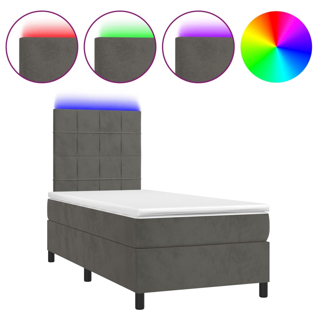 Box Spring Bed with Mattress&LED Dark Grey 107x203 cm King Single Velvet