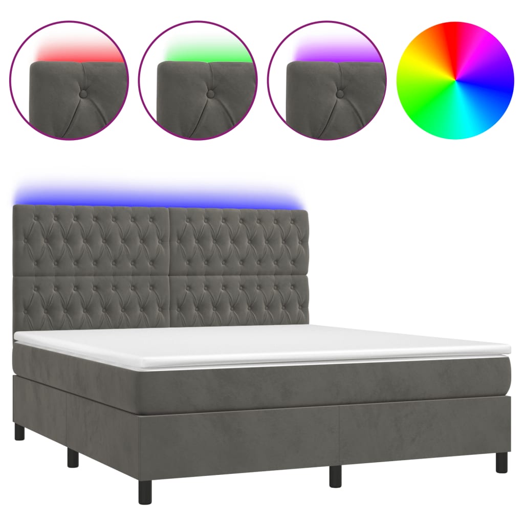Box Spring Bed with Mattress&LED Dark Grey 152x203 cm Queen Velvet